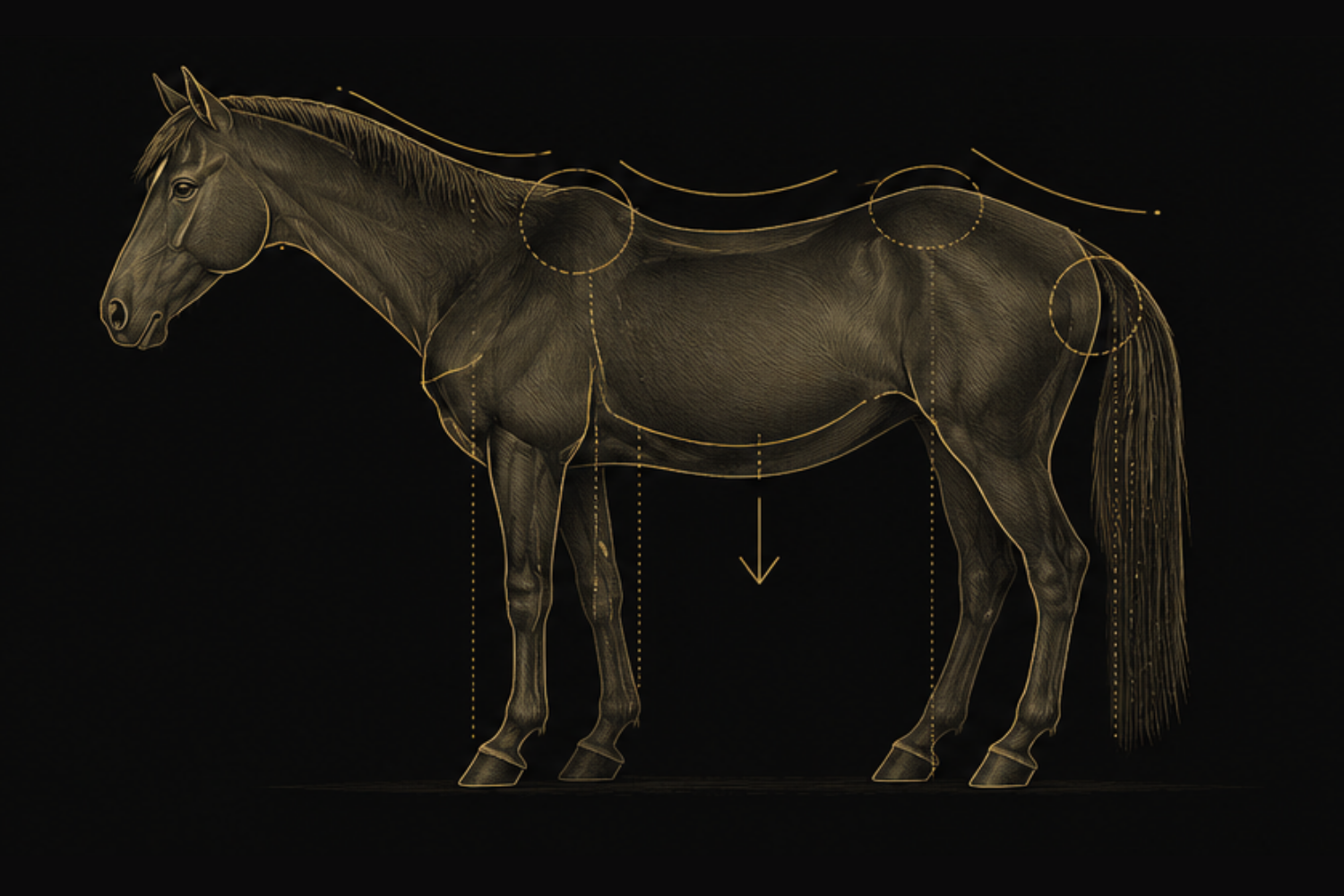 Illustration anatomique d’un cheval mal musclé avec une assise de selle défavorable et une liberté de mouvement réduite, conséquence d’un mauvais ajustement de selle.
