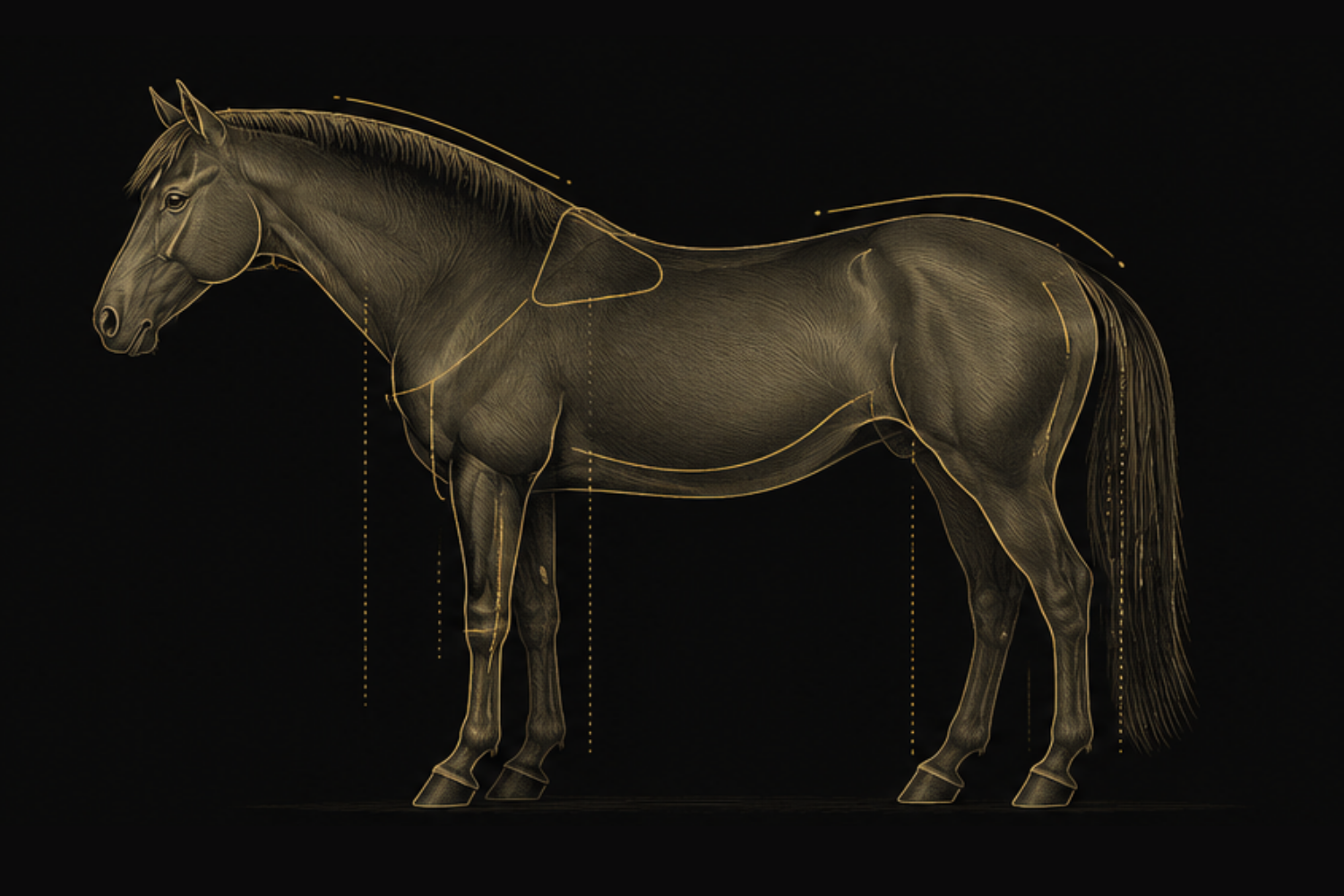 Illustration anatomique d’un cheval bien musclé avec une ligne du dessus harmonieuse et une assise de selle équilibrée, résultat d’un ajustement de selle optimal.